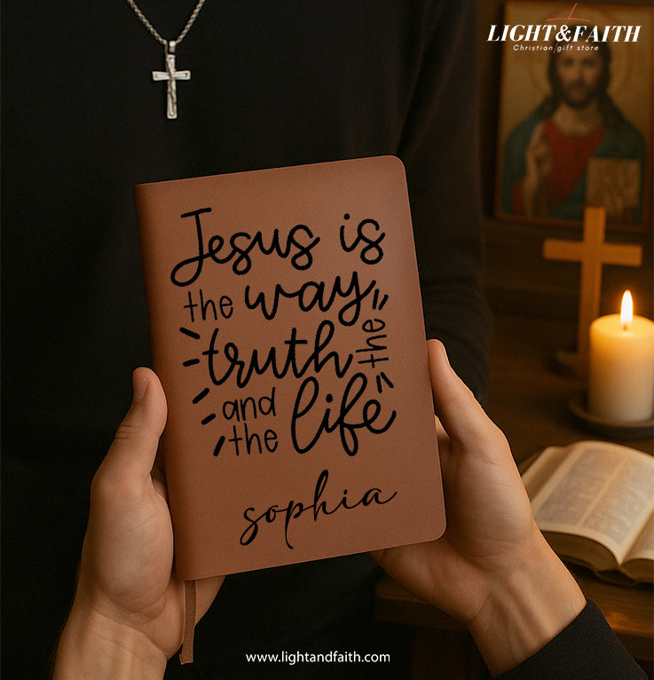 Personalized Christian Journal with Inspirational Quote “Jesus is the Way” – Custom Name Prayer Notebook, Religious Gift, First Communion Gifts, Pastor Gifts, Retirement, Birthday. NBLAF06